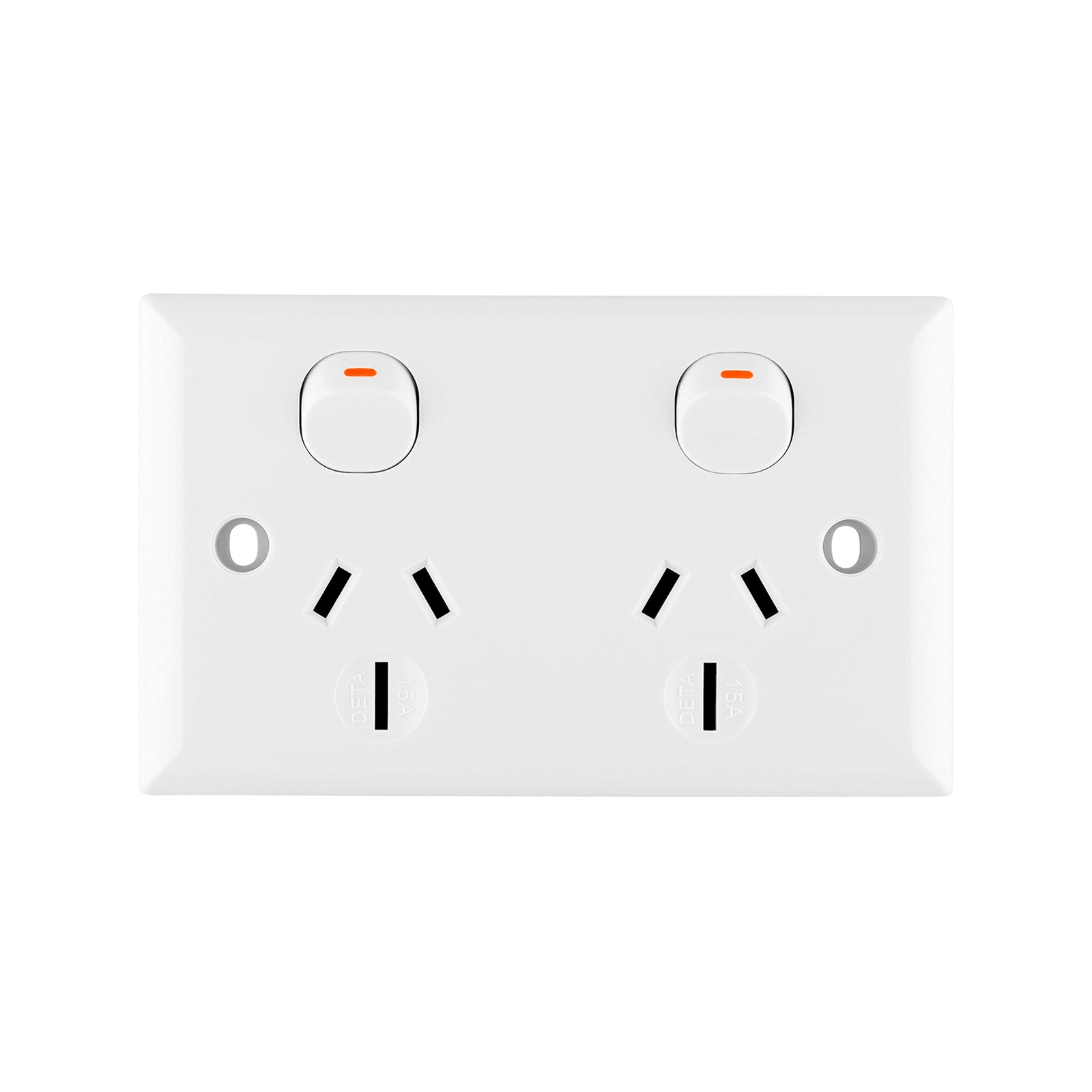 DETA 15A Solid Plate Double Power Point, White Polycarbonate, Indoor (3216B)