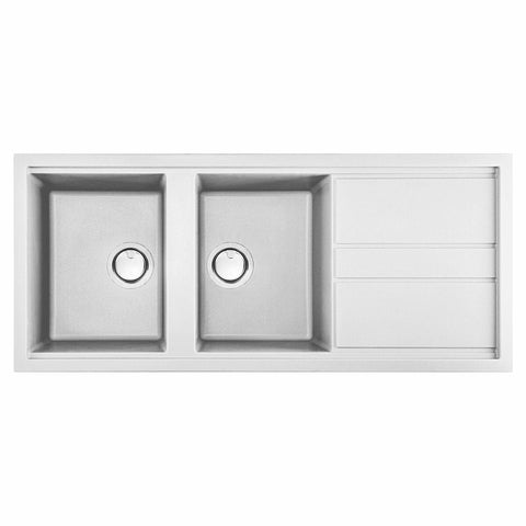Artusi Granitek double bowl sink with drainer - White, top or undermount - AGS1162W