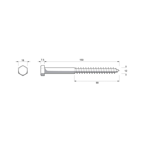 Zenith M12 x 150mm Hot Dip Galvanised Hex Head Coach Screw - Coarse Thread