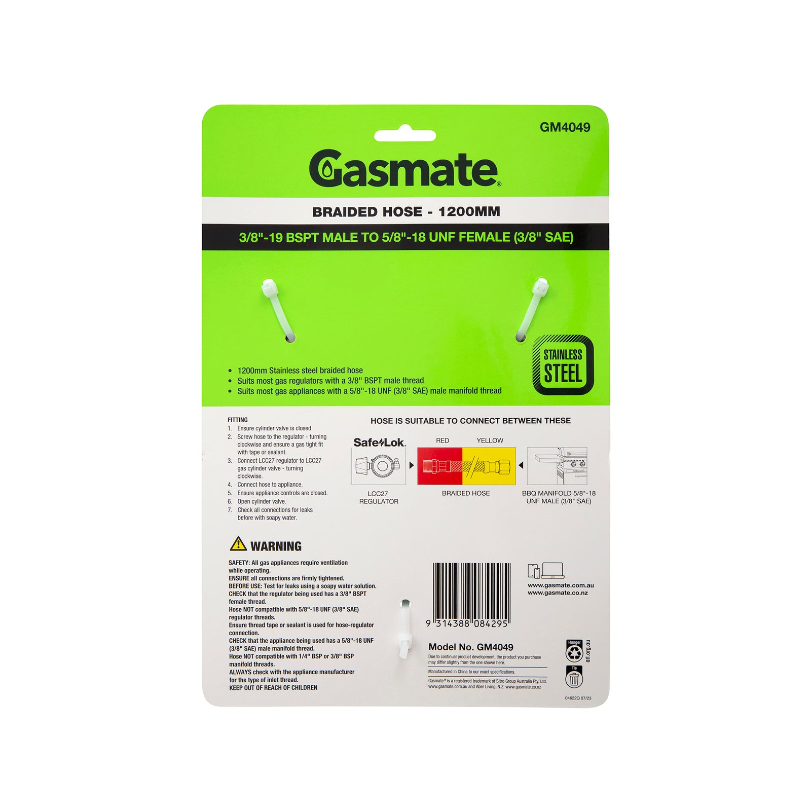 Gasmate 1200mm 3/8" BSPT to 5/8" UNF (3/8" SAE) Braided Gas Hose