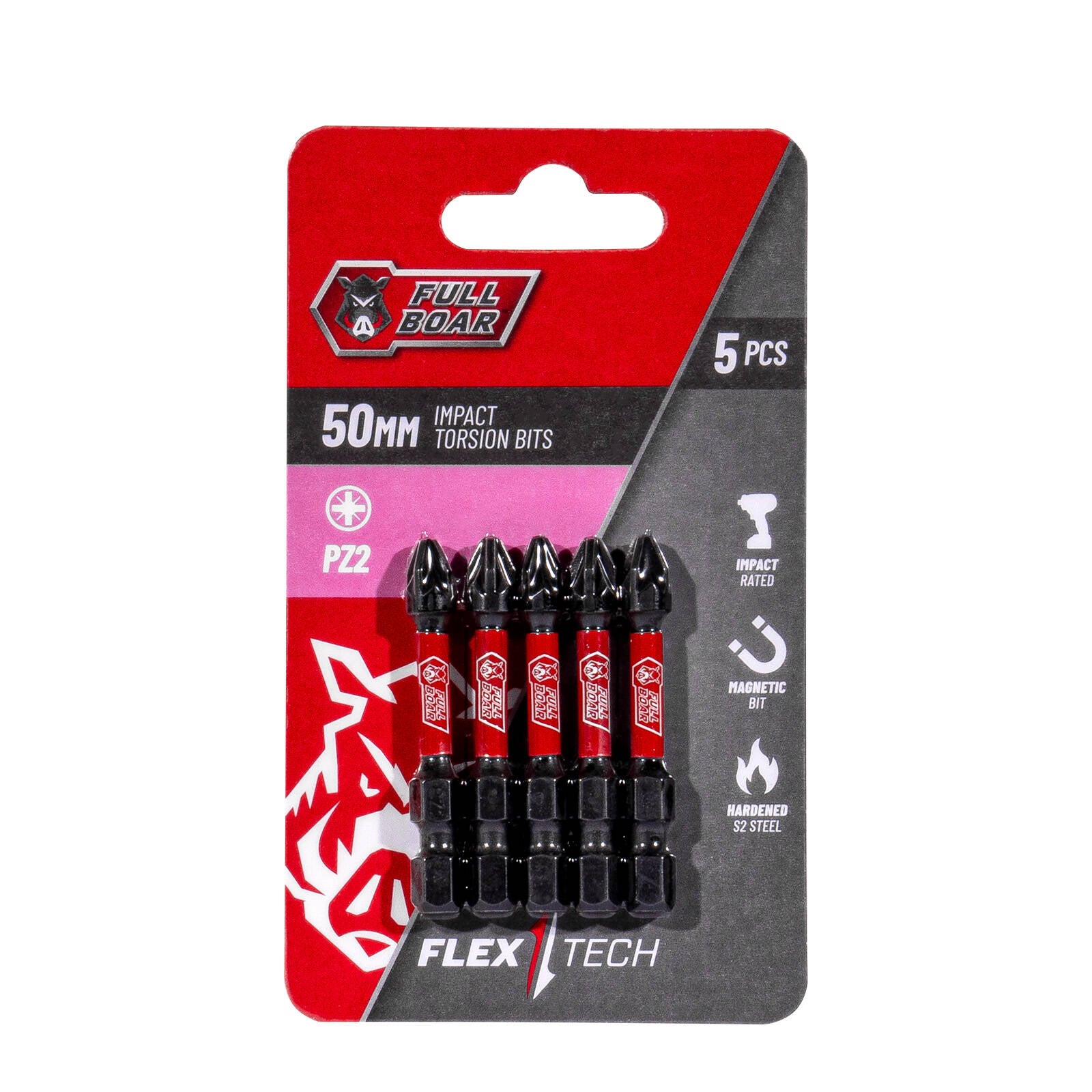 Full Boar PZ2 x 50mm Impact Torsion Bit - 5 Pack, S2 Steel, 1/4" Hex