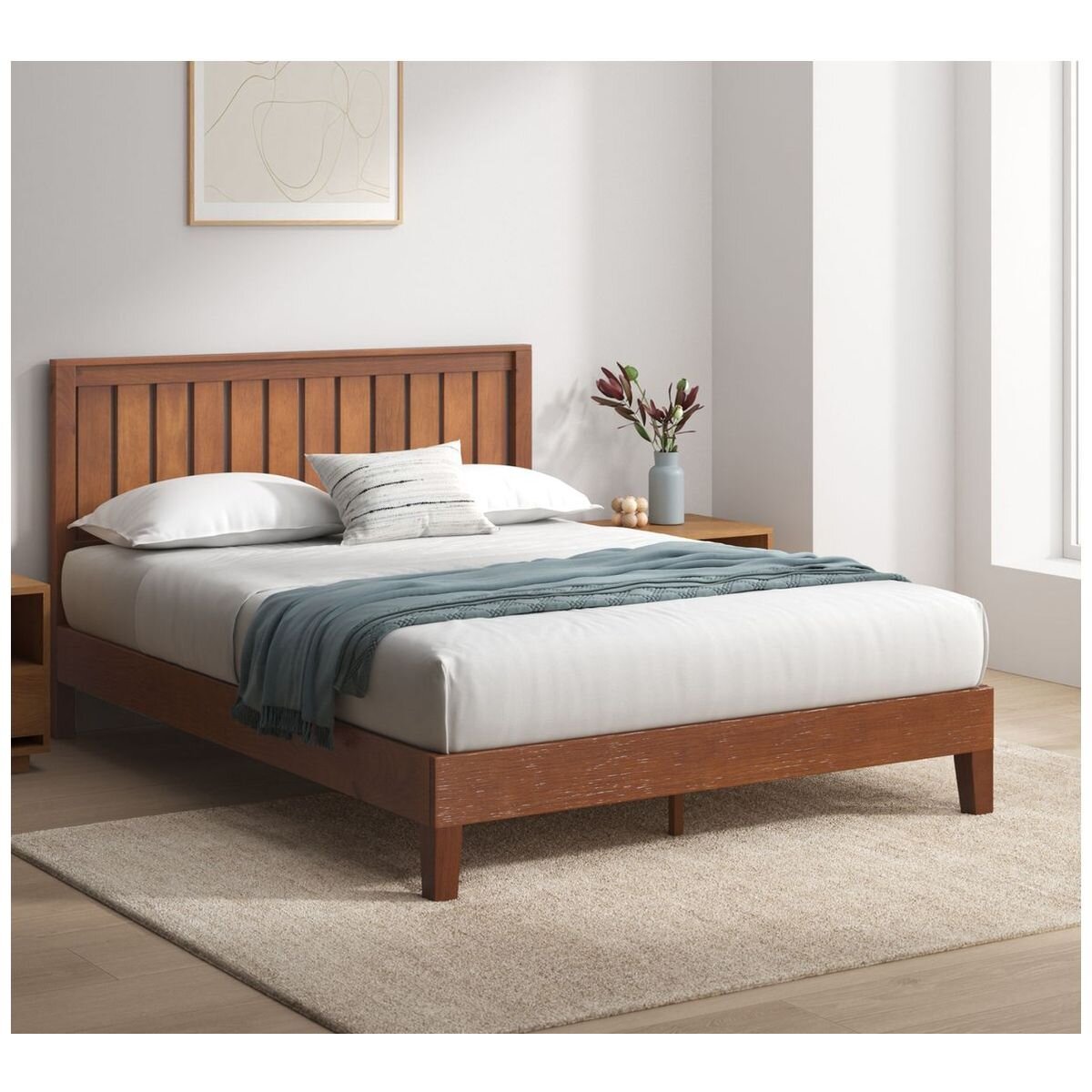Zinus Queen deluxe solid wood bed frame - dark brown pine, panelled headboard - AU-PWPBBHE-12Q