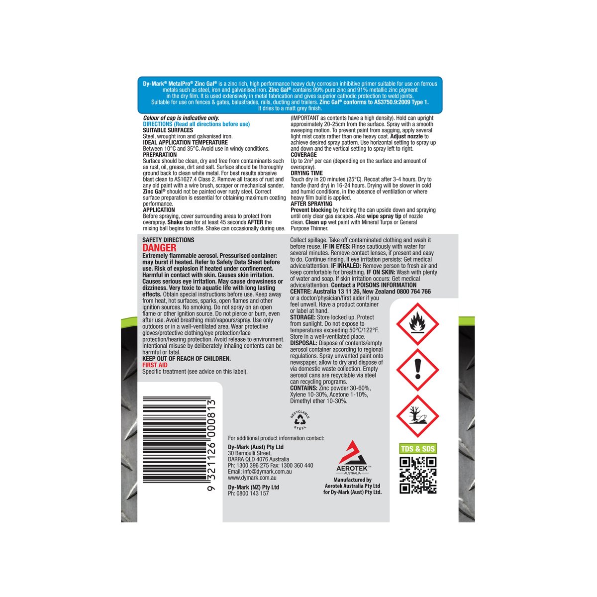 Dy-Mark MetalPro Zinc Gal Cold Galvanising Spray 400g Outdoor Metal Coating