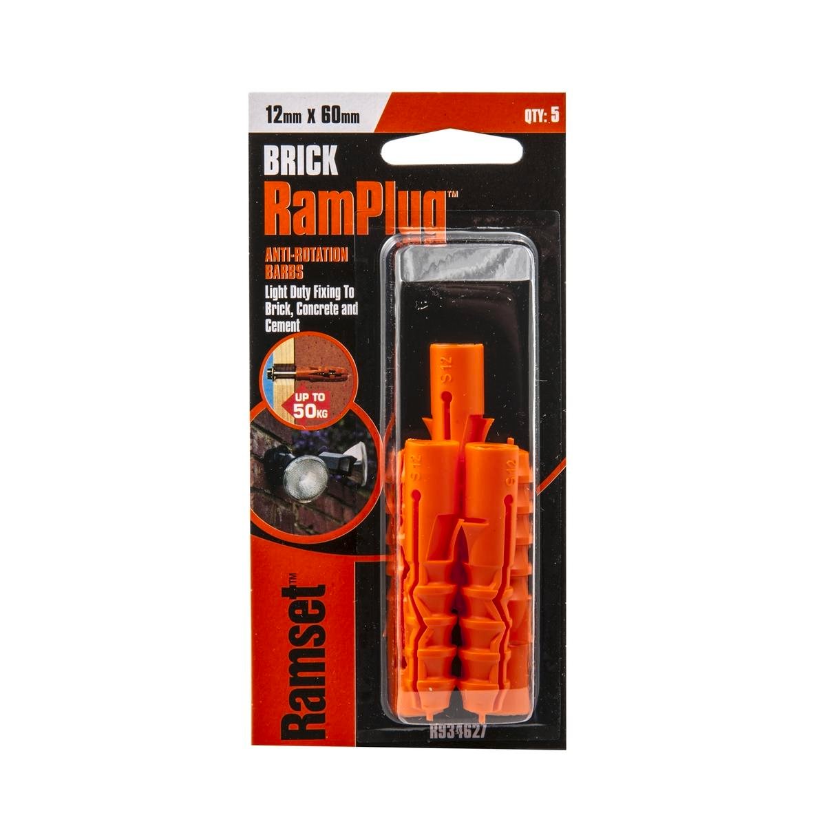 Ramset 12 x 60mm RamPlug Nylon Wall Anchor, Orange - 5 Pack