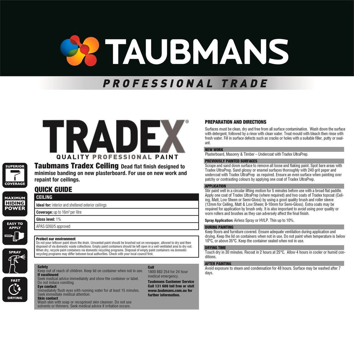 Taubmans Tradex White Flat Ceiling Paint 4L - Water Based - 4L - Excellent Opacity - SuperSaverAU - view 4