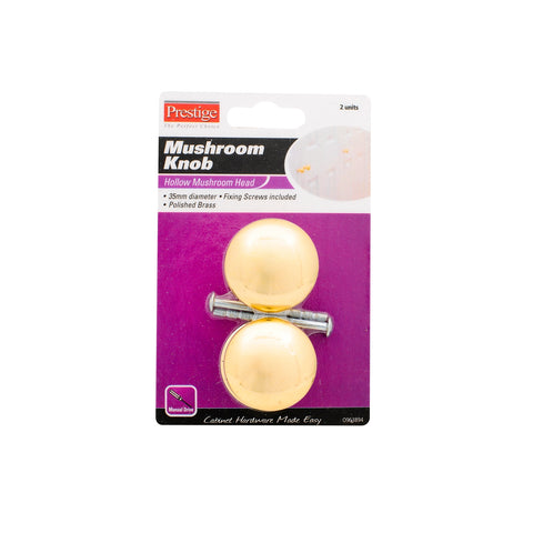 Prestige 35mm Polished Brass Hollow Mushroom Cupboard Knob, 2 Pack