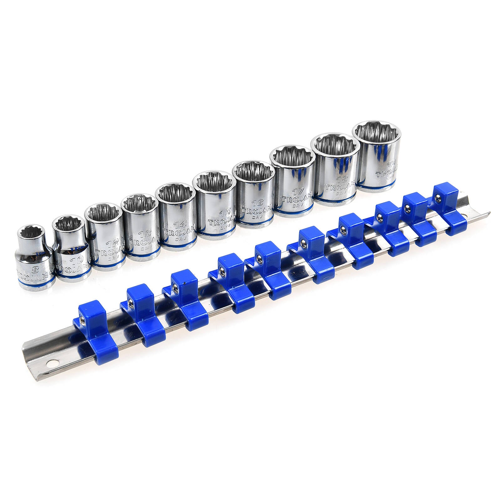 Trojan 10 Piece 3/8" Drive Metric Socket Rail Set 8mm-19mm, Chrome Vanadium