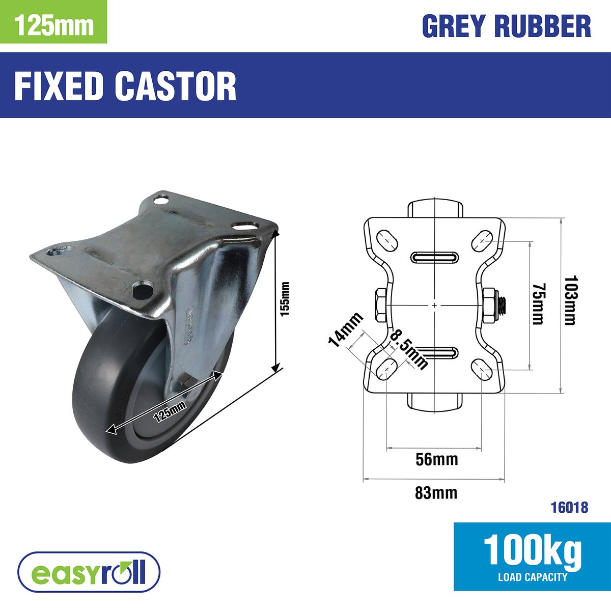 Easyroll Castor - 125mm - Grey Rubber - Heavy Duty - SuperSaverAU - view 2