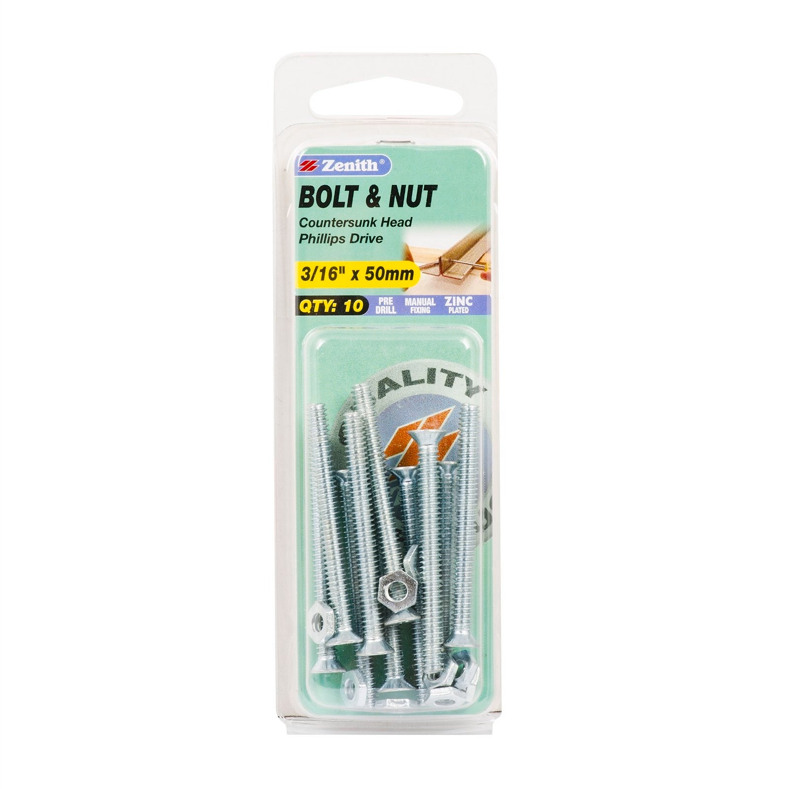 Zenith 3/16" x 50mm Zinc Plated Countersunk Bolt and Nut - Steel, 10 Pack