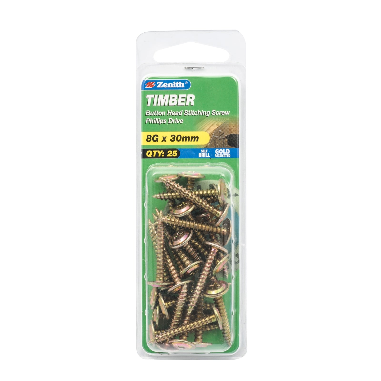 Zenith 8G x 30mm Gold Passivated Button Head Timber Stitching Screws - 25 Pack