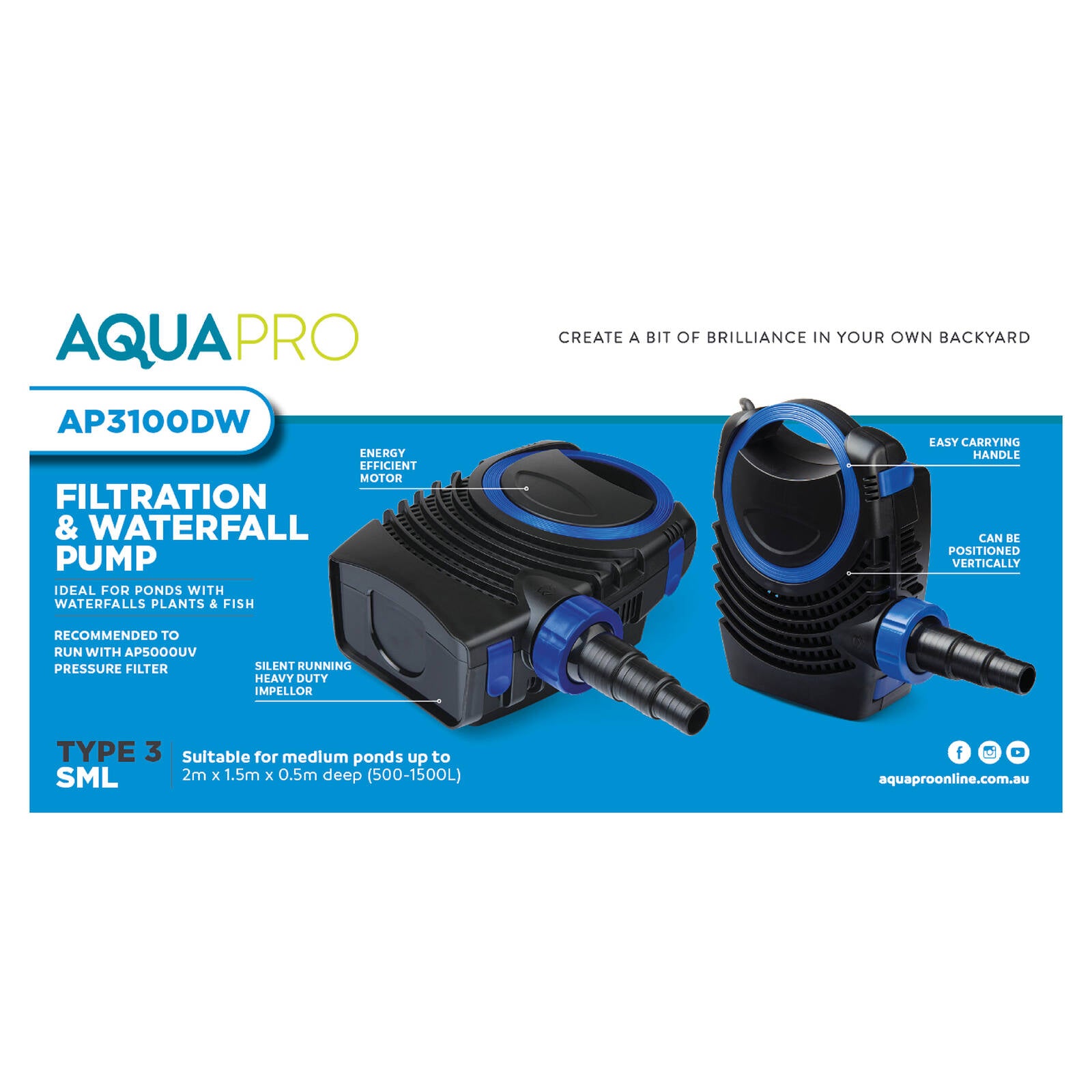 Aquapro AP3100DW Filtration Pump 25W Submersible Outdoor, 25mm Tubing