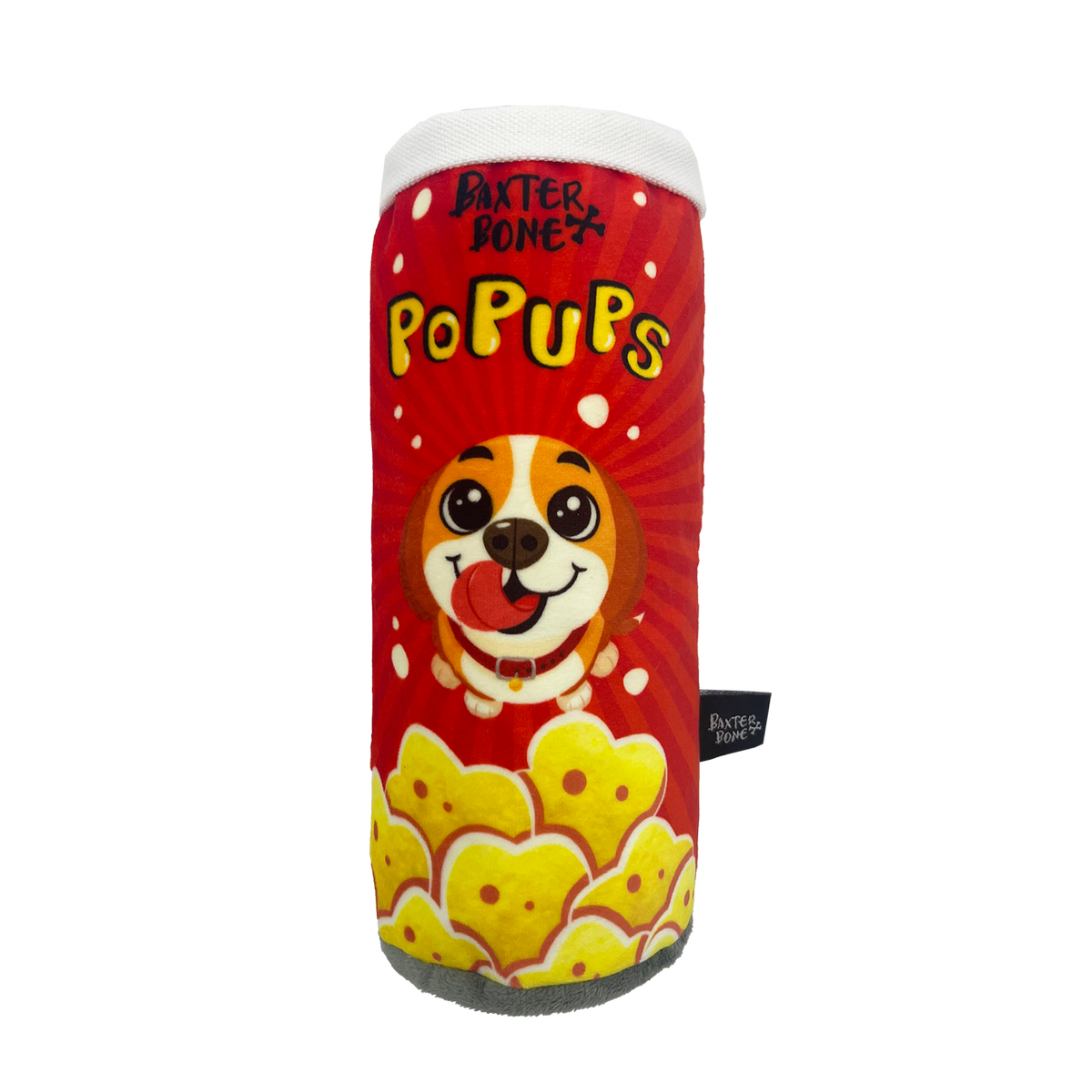 Baxter Bone Pop Ups Chips Can Plush Pet Toy - 80mm x 200mm - Red - Squeakers & Crinkle - SuperSaverAU - view 1