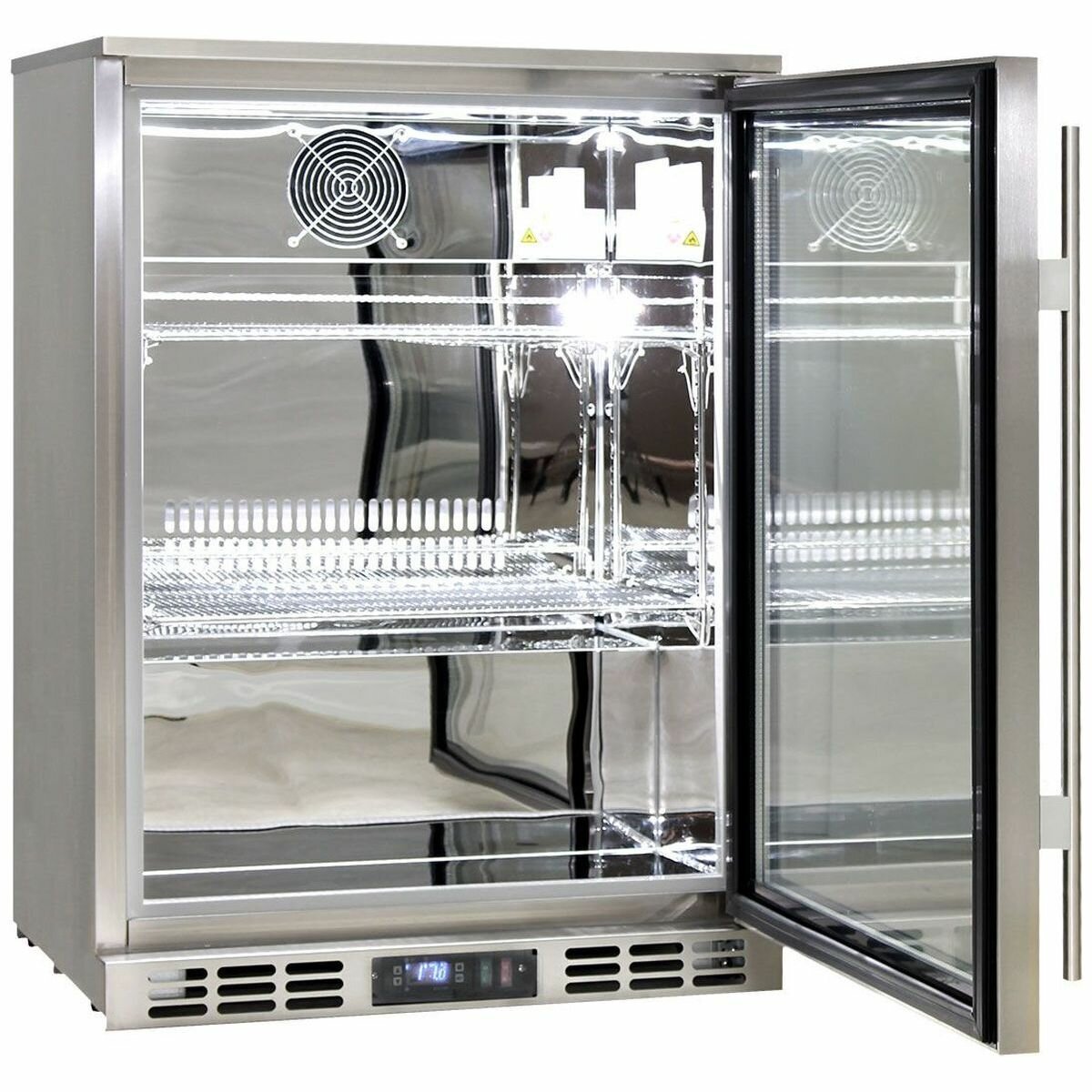 Rhino 129L Heated Glass Door Bar Fridge - Stainless Steel, Lockable, Two Adjustable Shelves, 7 Star - SG1R-HD