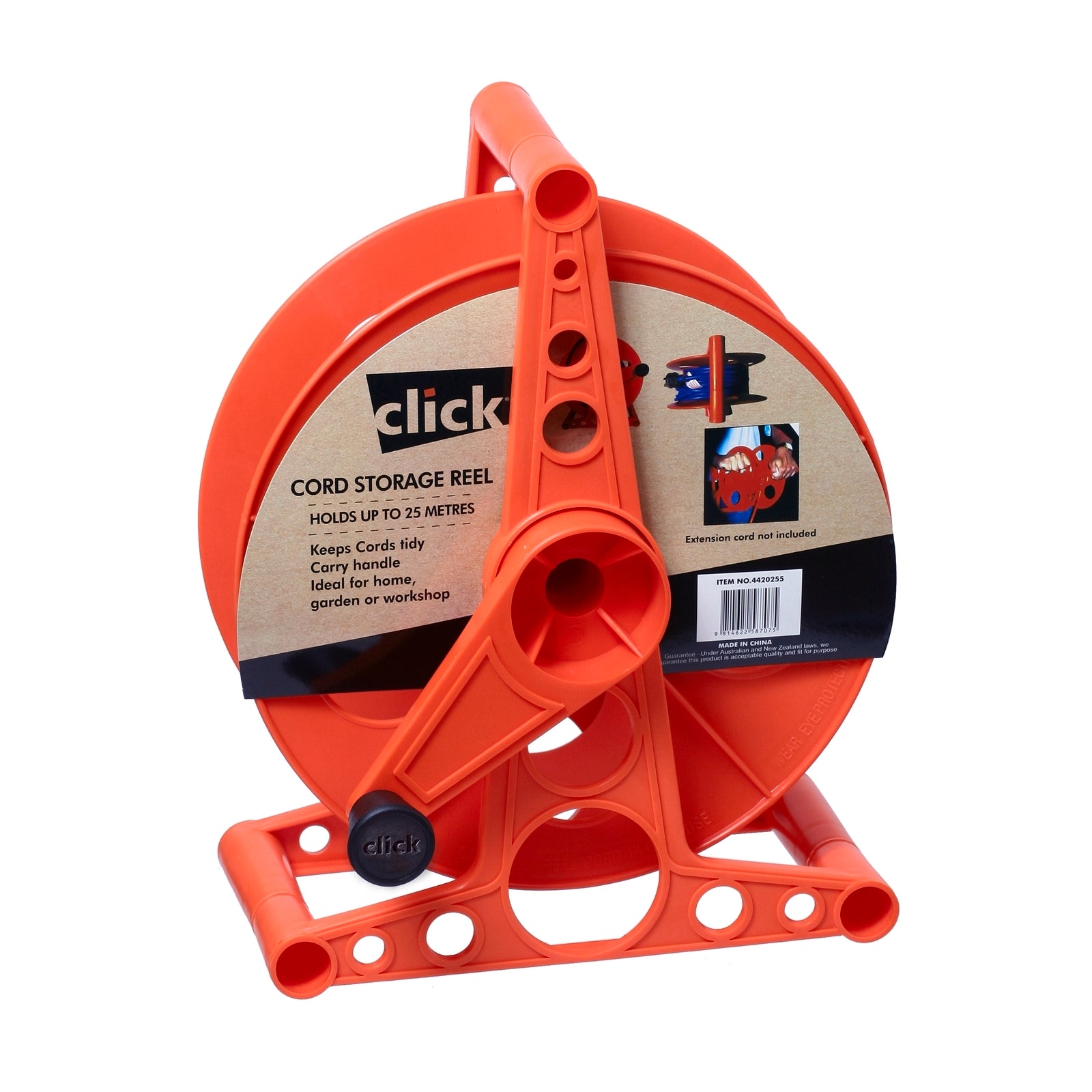 Click 25m Extension Lead Storage Reel, Polypropylene, Indoor, Orange