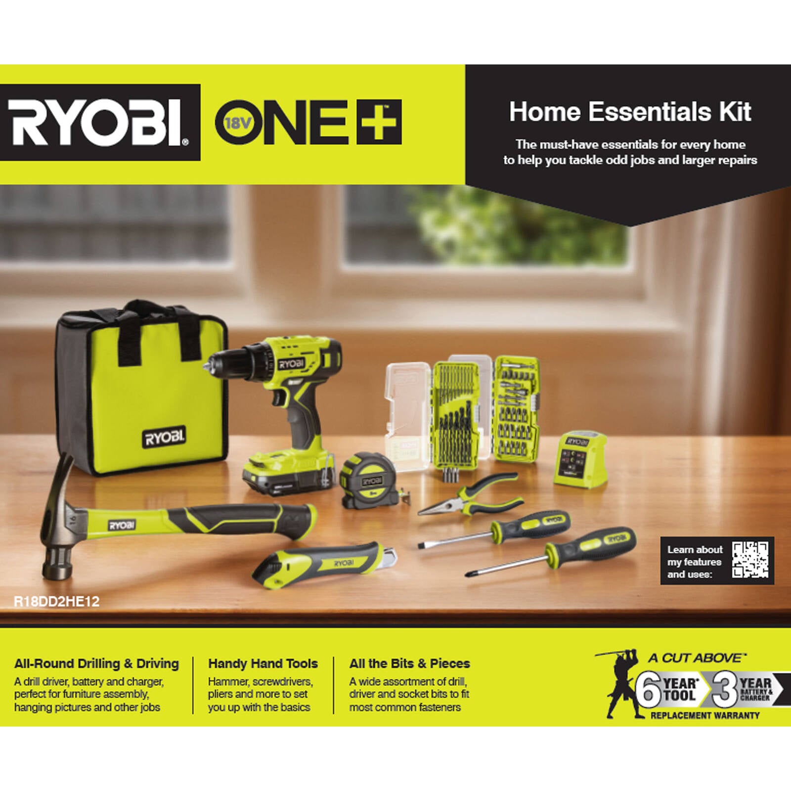 Ryobi 18V ONE+ Cordless Drill Driver Home Essentials Kit 13mm Keyless 24-Setting R18DD2HE12