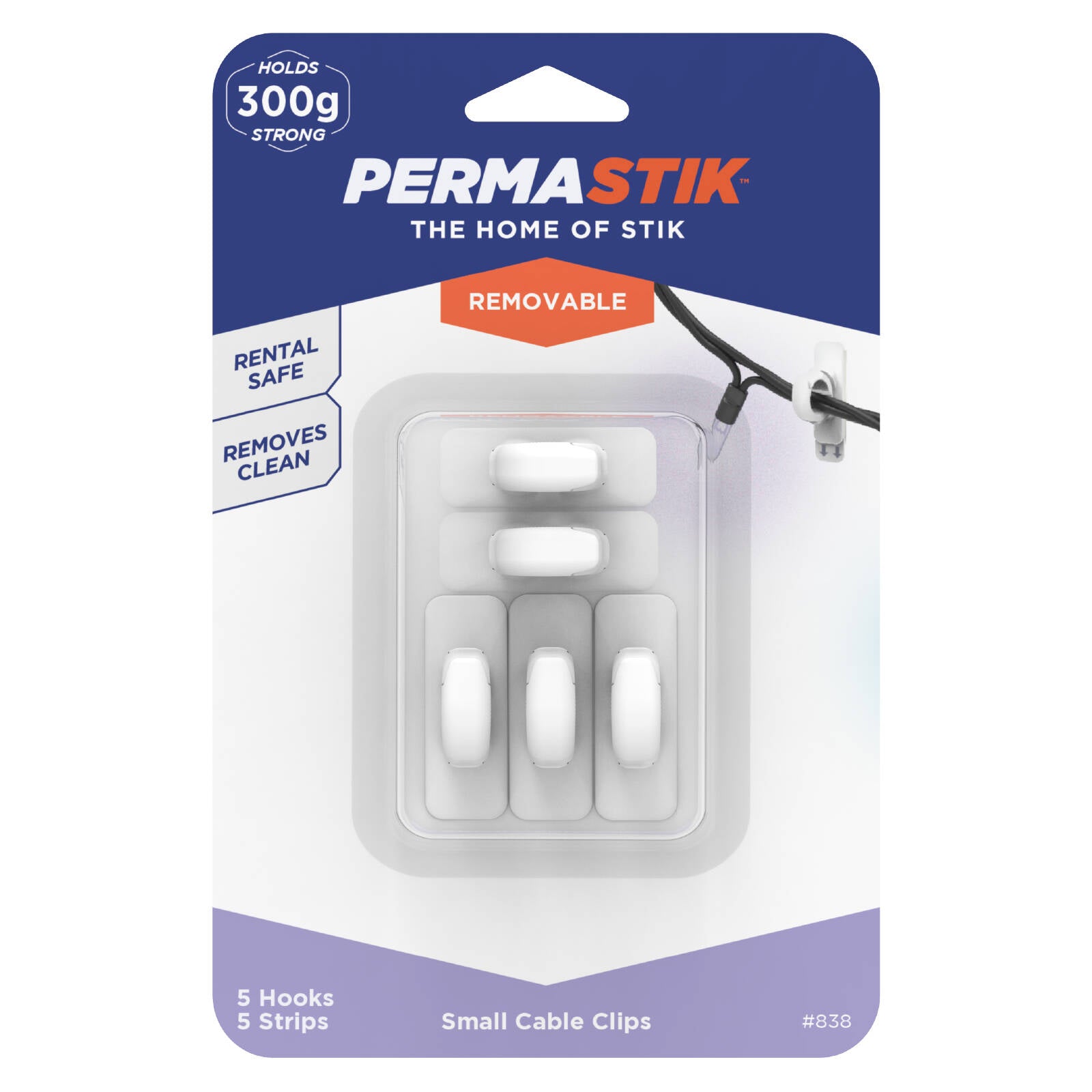 Permastik Small White Cable Clips, Self-Adhesive - 5 Pack