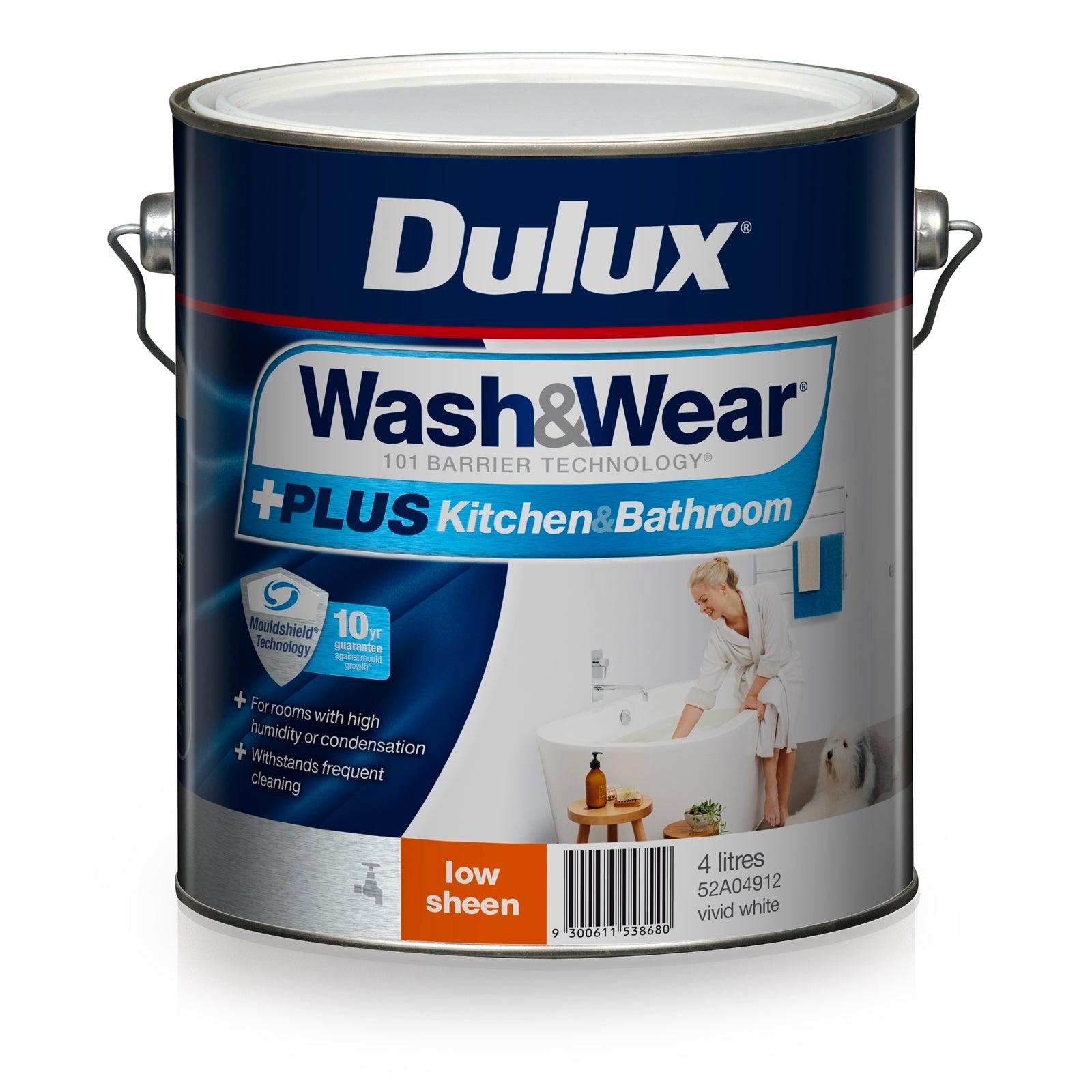 Dulux 4L Wash & Wear +PLUS Kitchen & Bathroom Low Sheen Vivid White