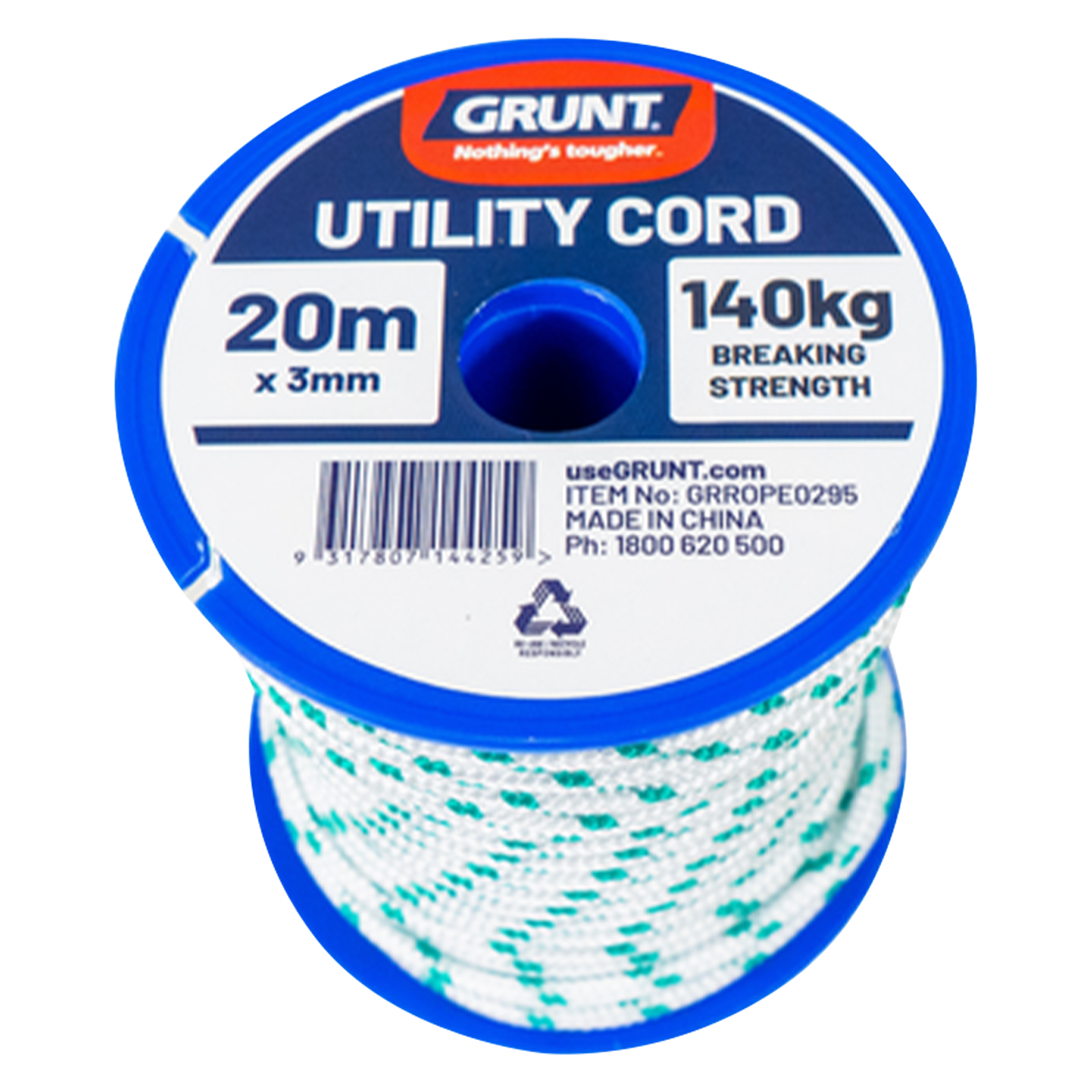 Grunt 3mm x 20m Multi-Purpose Utility Cord, Polypropylene, Floats, 140kg Break Strength