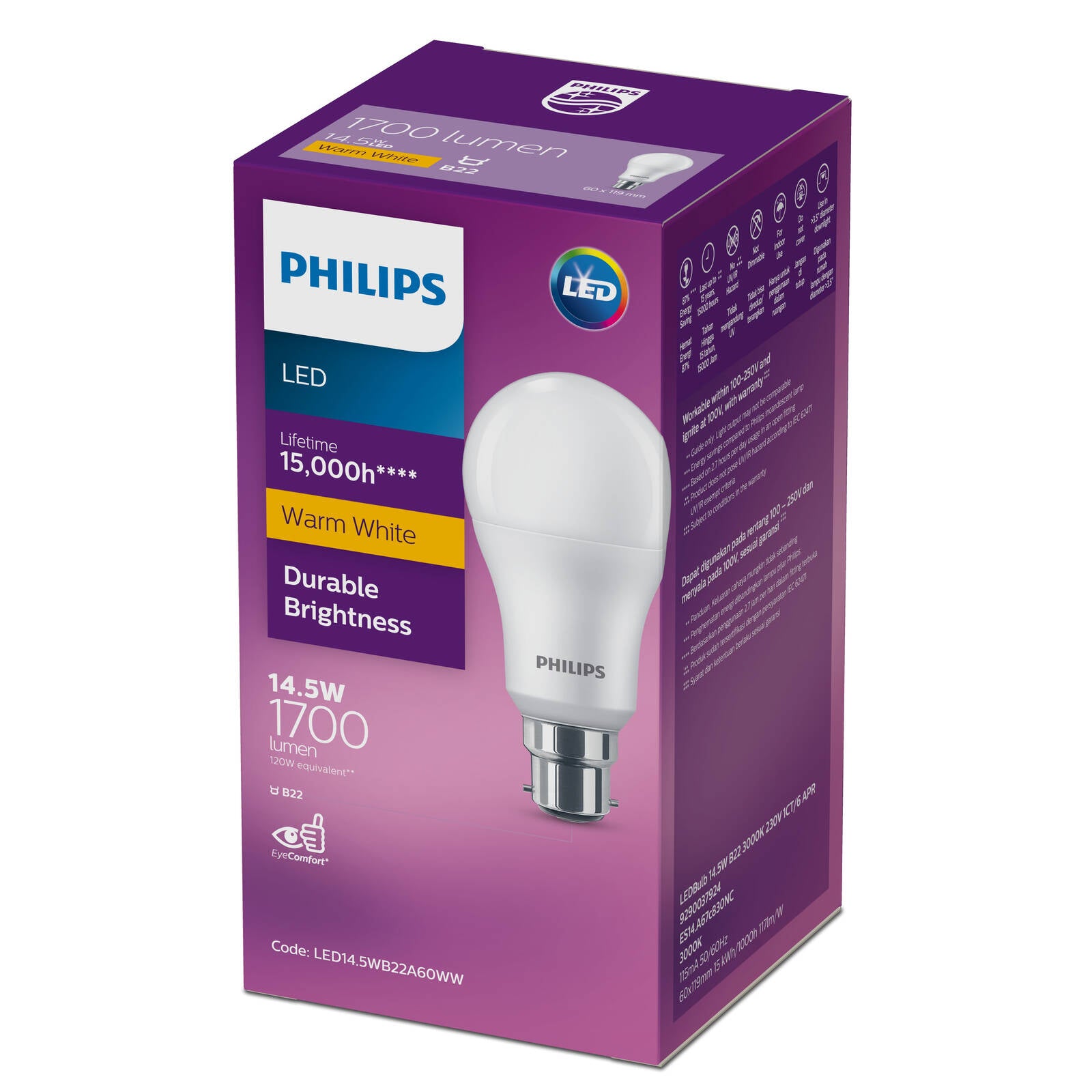 Philips A60 B22 LED Globe 14.5W 1700lm Warm White Megabright 929003792449
