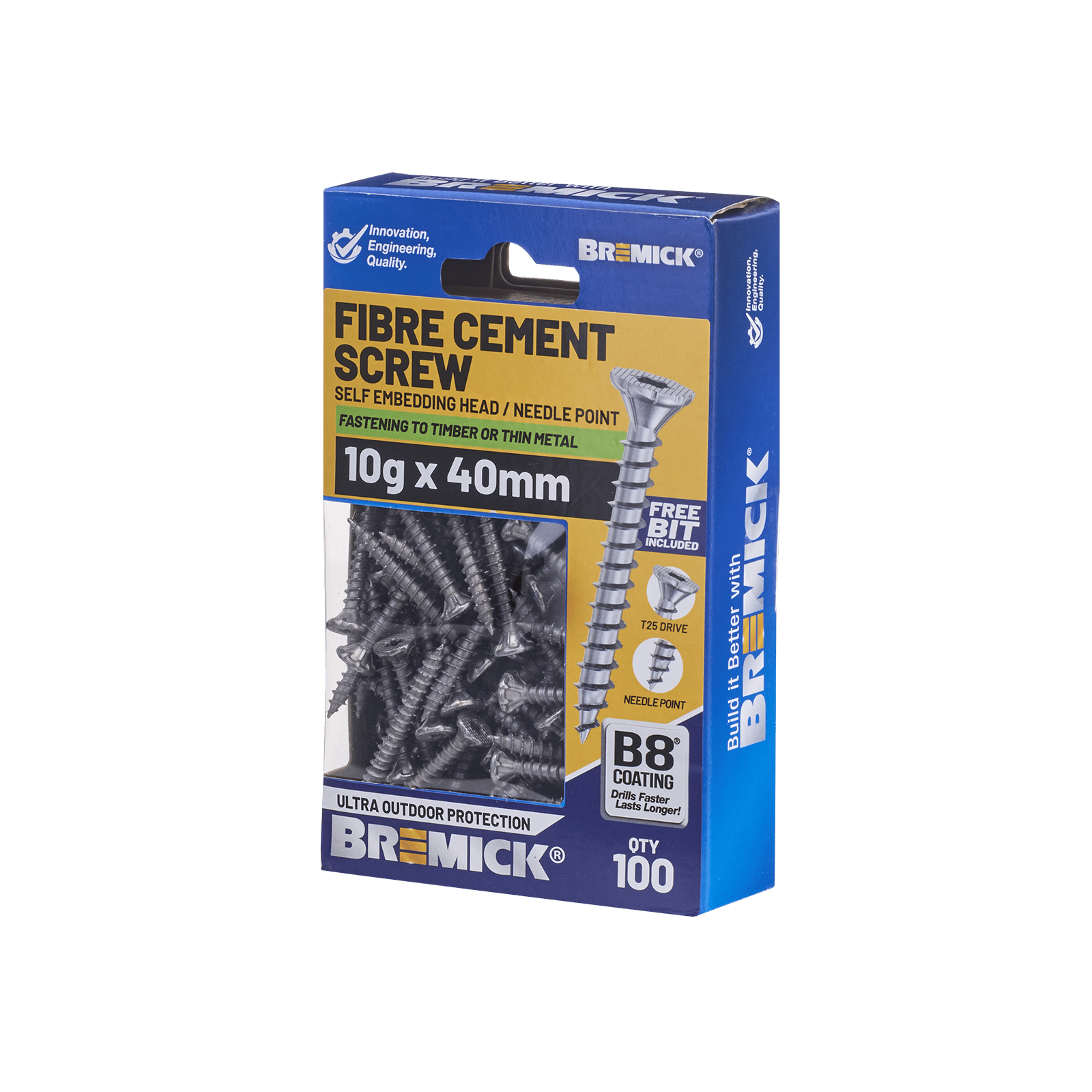 Bremick 10g x 40mm Fibre Cement Screw, Carbon Steel B8 Coating, T25 Drive Self Embedding Head Needle Point - 100 Pack