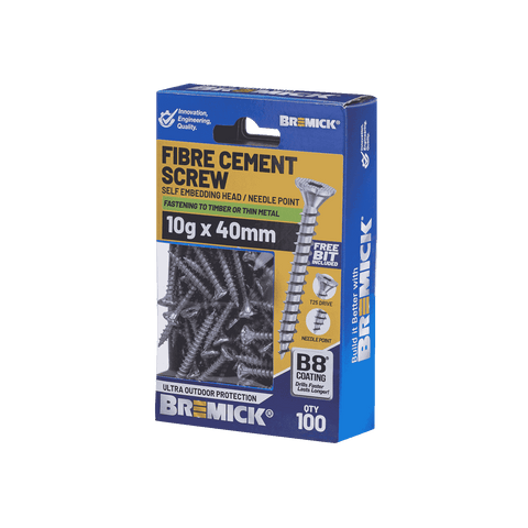 Bremick 10g x 40mm Fibre Cement Screw, Carbon Steel B8 Coating, T25 Drive Self Embedding Head Needle Point - 100 Pack