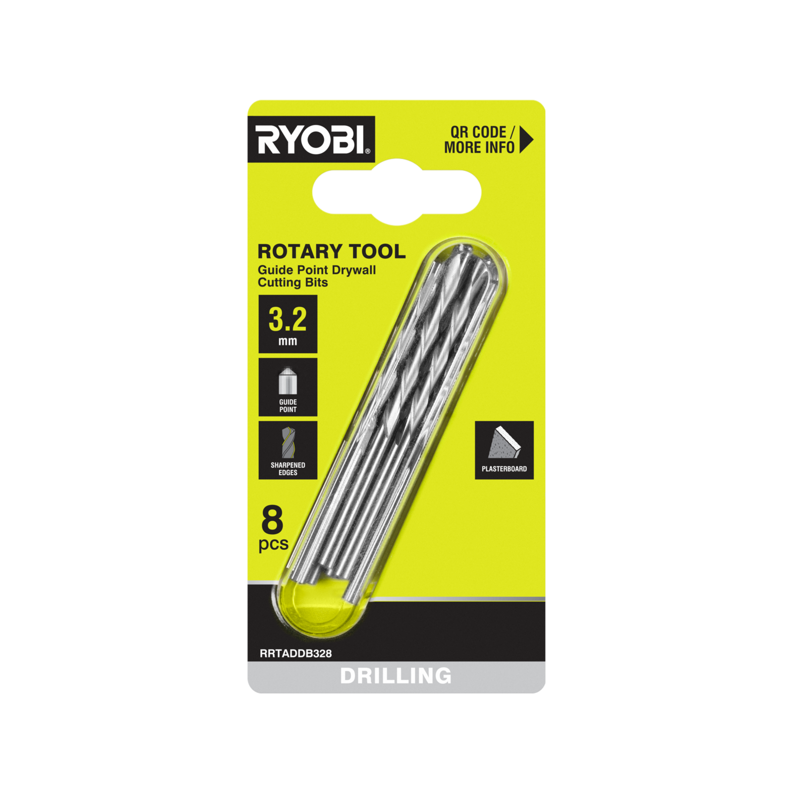 Ryobi 3.2mm Rotary Tool Guide Point Plasterboard Drill Bit Set - 8 Pack
