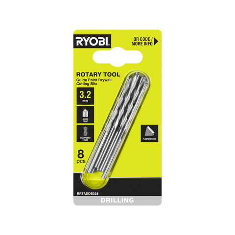 Ryobi 3.2mm Rotary Tool Guide Point Plasterboard Drill Bit Set - 8 Pack