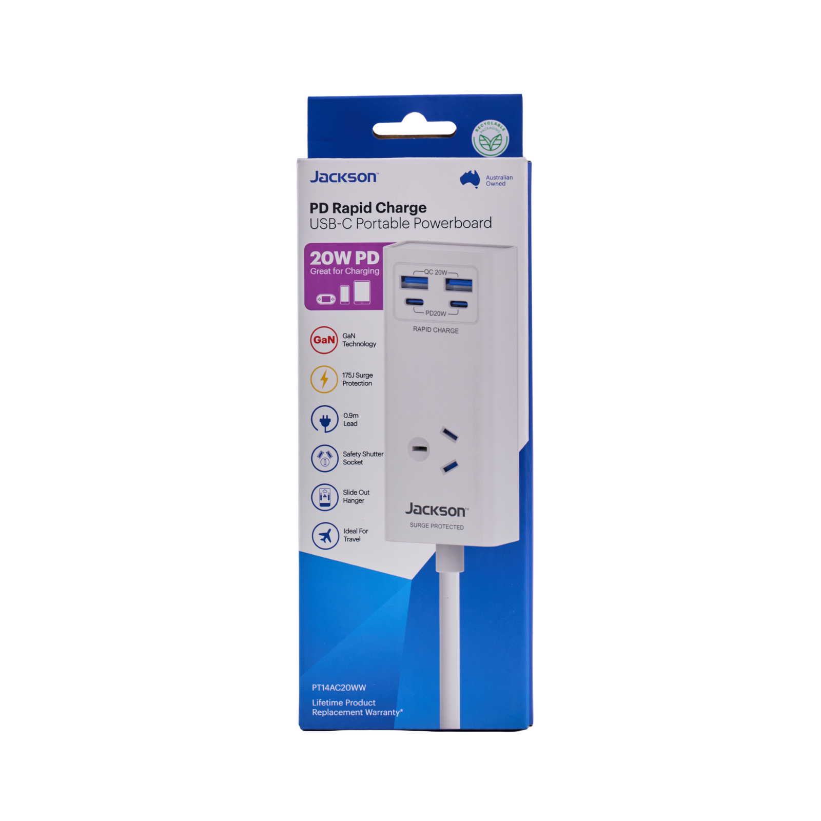 Jackson 1 Outlet Wall Adaptor, USB-A x2 & USB-C PD20W x2, 175J Surge, White