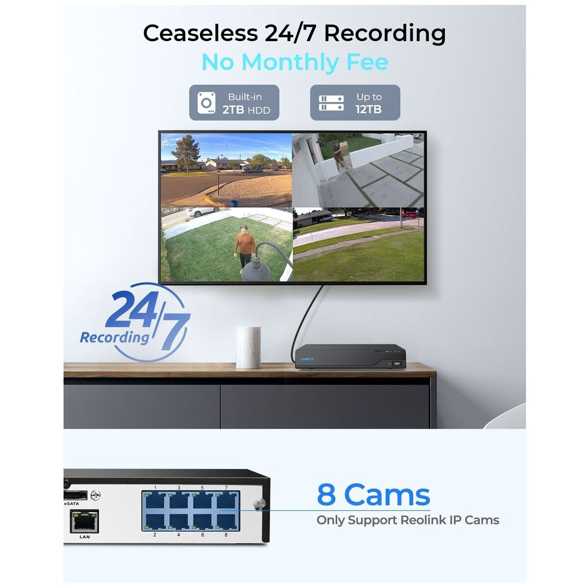 Reolink PoE security system - 4 x 12MP dome cameras, 8-channel 2TB NVR, colour night vision - PS6KD01-8