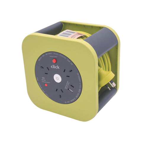 Click 10m 3 Outlet Square Cable Reel with USB Charger Green, Overload Protection