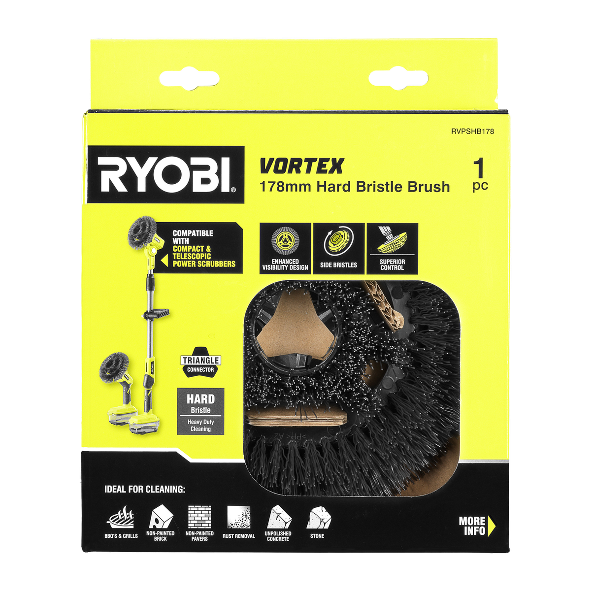 Ryobi 178mm Hard Bristle Power Scrubber Brush - Heavy-Duty Outdoor Cleaning - SuperSaverAU - view 2