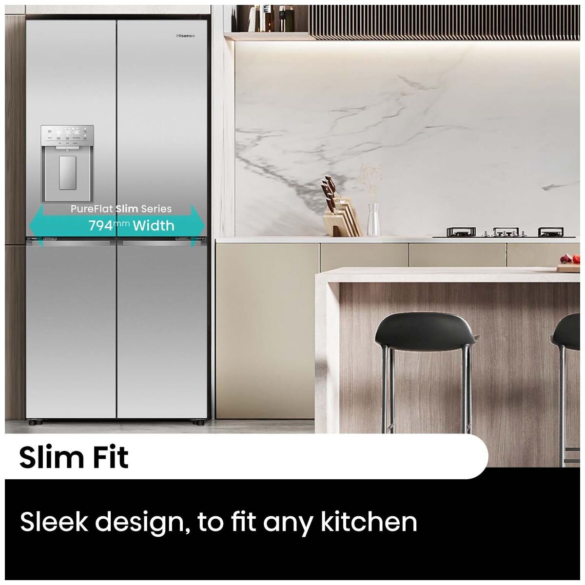 Hisense 483L PureFlat French Door Fridge - Stainless Steel - Non-Plumbed Ice and Water - HRCD483TSW