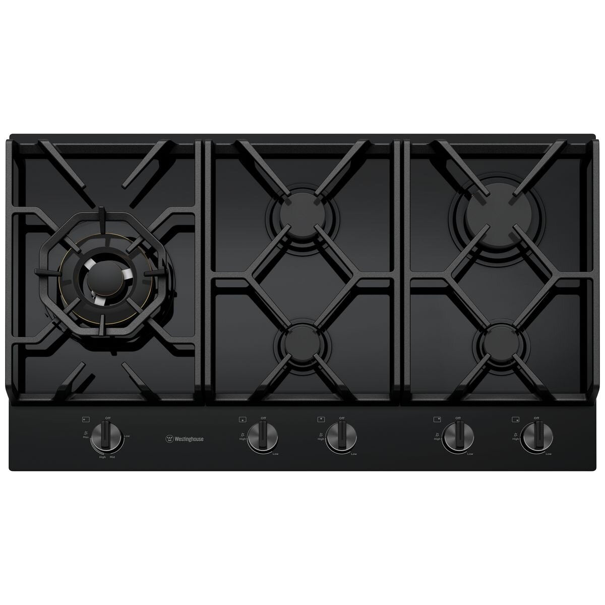 Westinghouse 90cm 5 Burner Gas Cooktop - Black Ceramic Glass, 19MJ/h Wok Burner, Dual Valve Control - WHG959BD