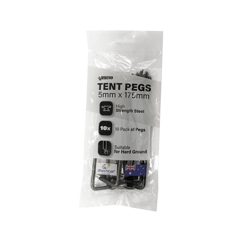 Rhino 5 x 175mm Steel Tent Pegs - 10 Pack Heavy-Duty Camping Pegs