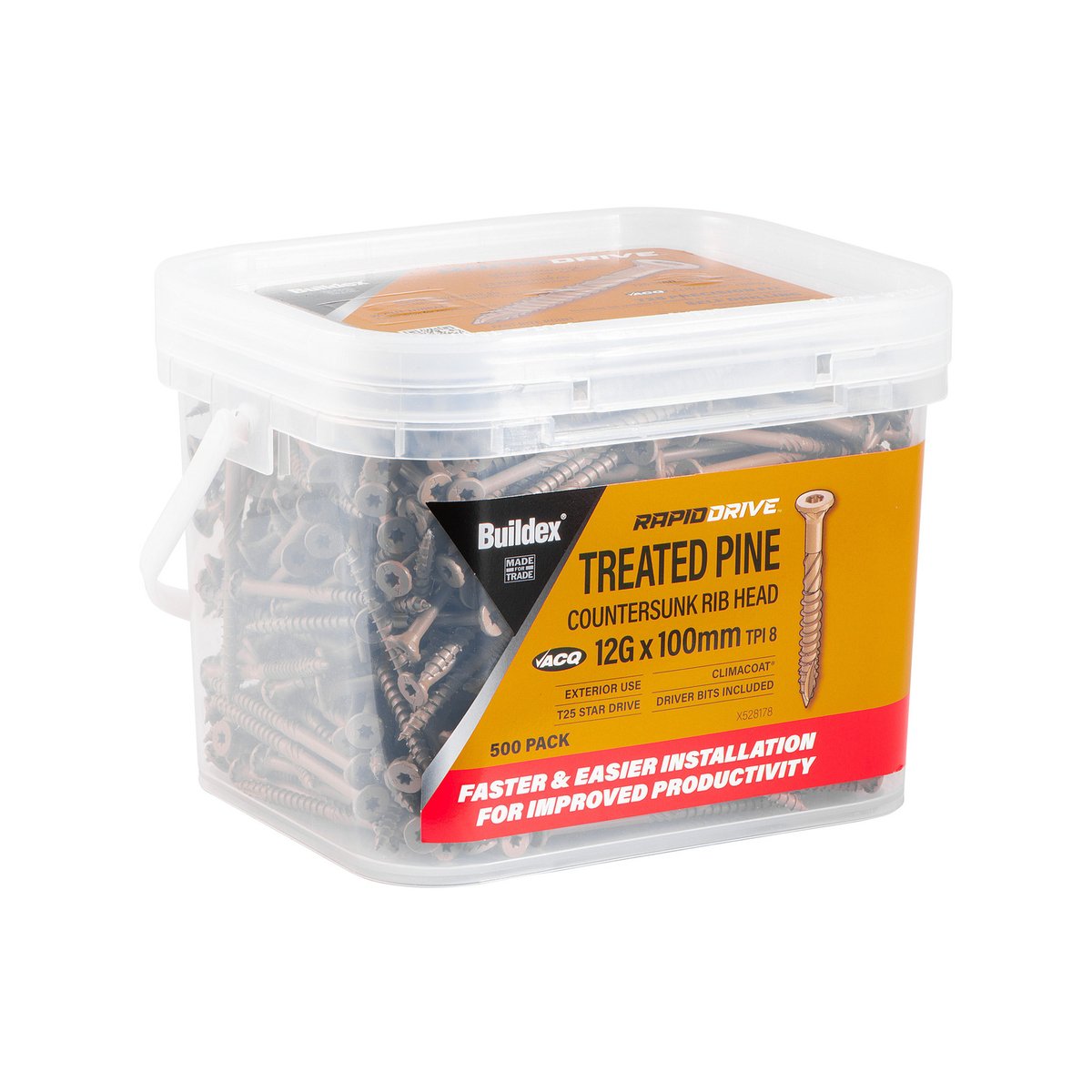 Buildex 12G x 100mm 8 TPI RapidDrive Treated Pine Climacoat Screws 500 Box
