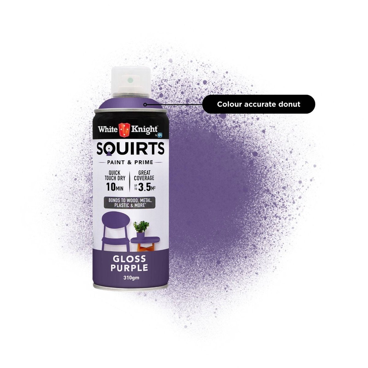 White Knight Squirts Purple Gloss Spray Paint 310g Solvent Based Durable - SuperSaverAU - view 3