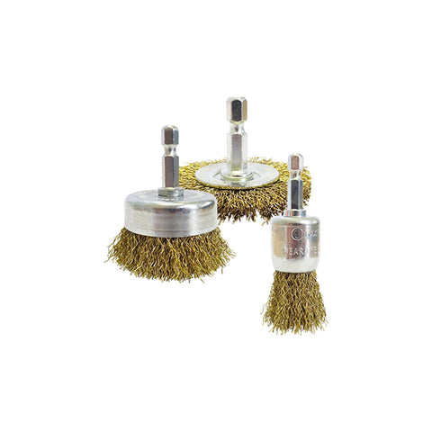 Josco 3 Piece Drill Brush Kit, Brass Coated High Carbon Steel Wire, 1/4" Hex Shank
