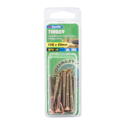 Zenith 10G x 50mm Gold Passivated Countersunk Head Timber Screws - 16 Pack