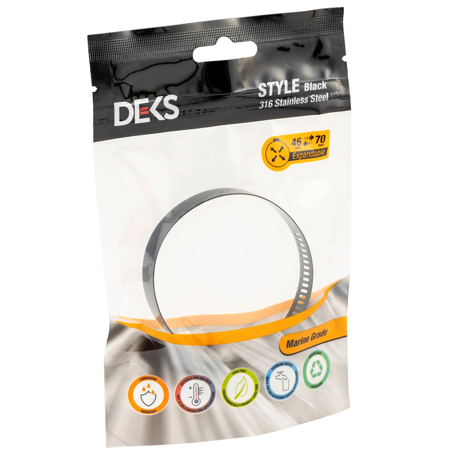 Deks 46-70mm Black Marine Grade 316 Stainless Steel Hose Clamp