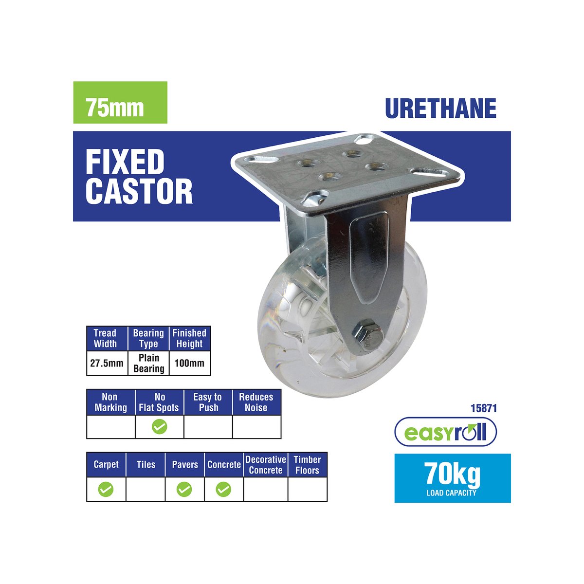 Easyroll 75mm Transparent Fixed Plate Castor Polyurethane 70kg Capacity - SuperSaverAU - view 5