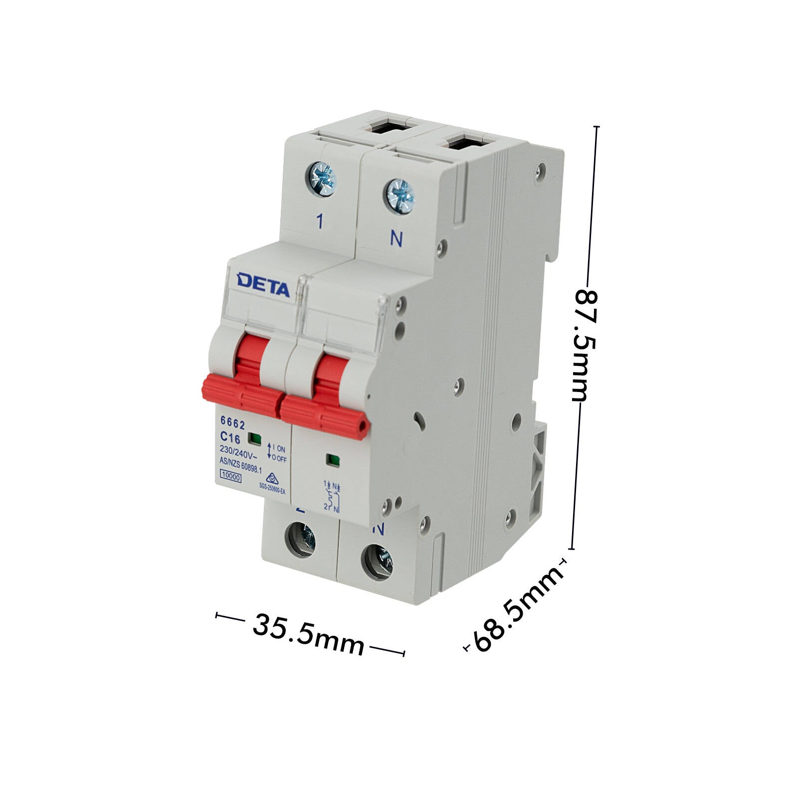 DETA 16A Single Phase MCB 1P+N C Curve 10kA Circuit Breaker 6662B-16B - Nylon