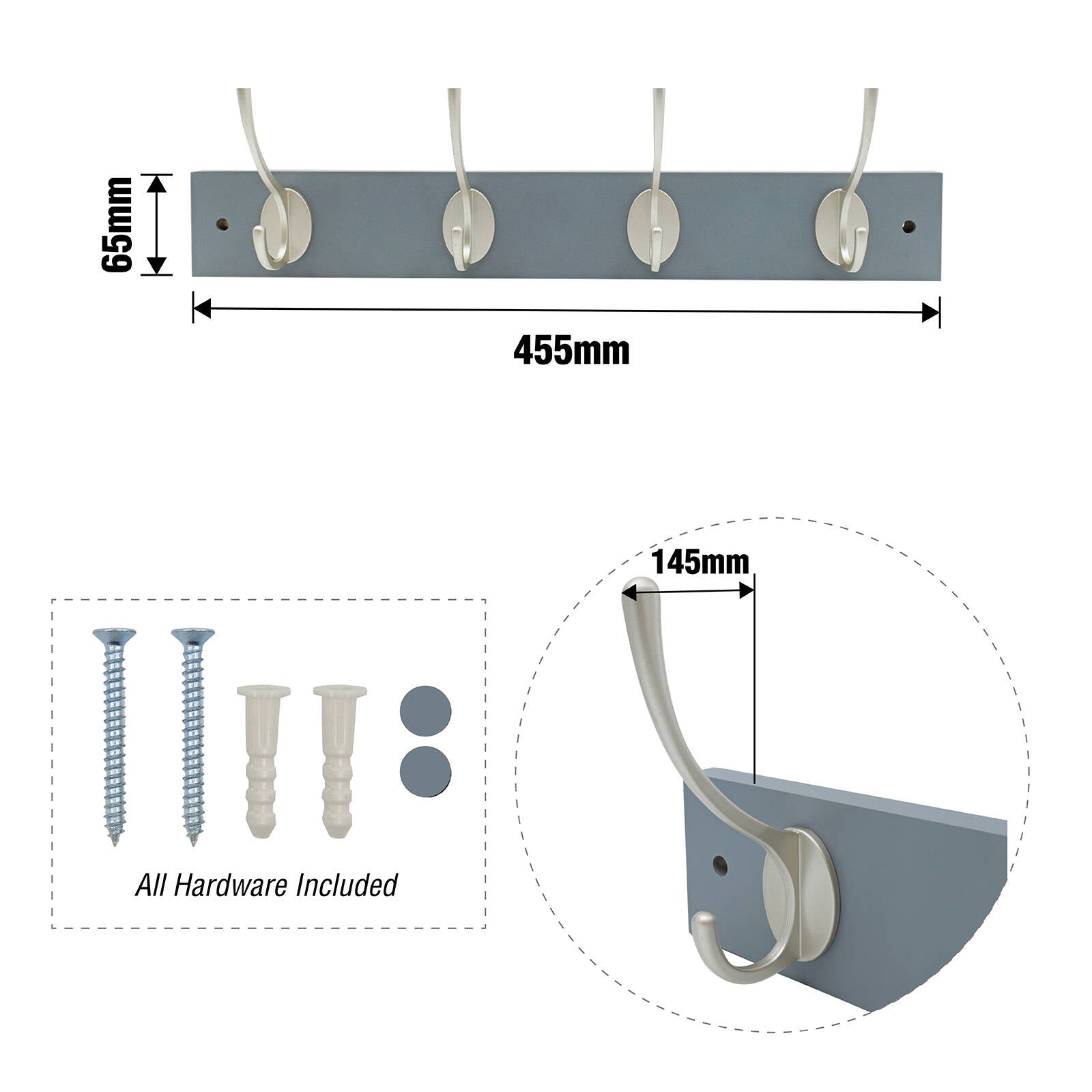 Adoored 4 Double Silver Hook Grey Board Decorative Hook Rack, Timber/Steel