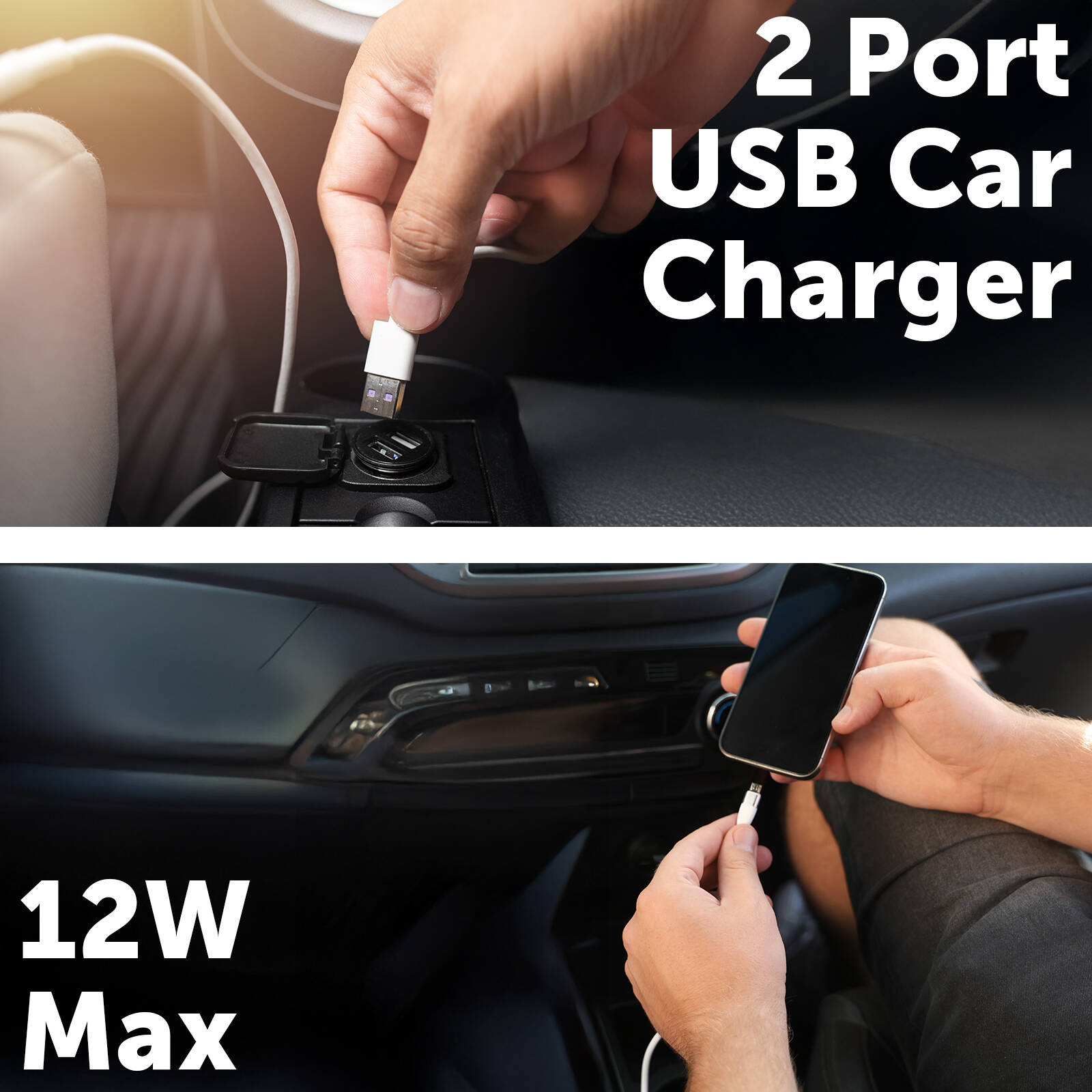 Click 12W 2 Port USB Car Charger CLK1006B - Black, Charges Two Devices at Once