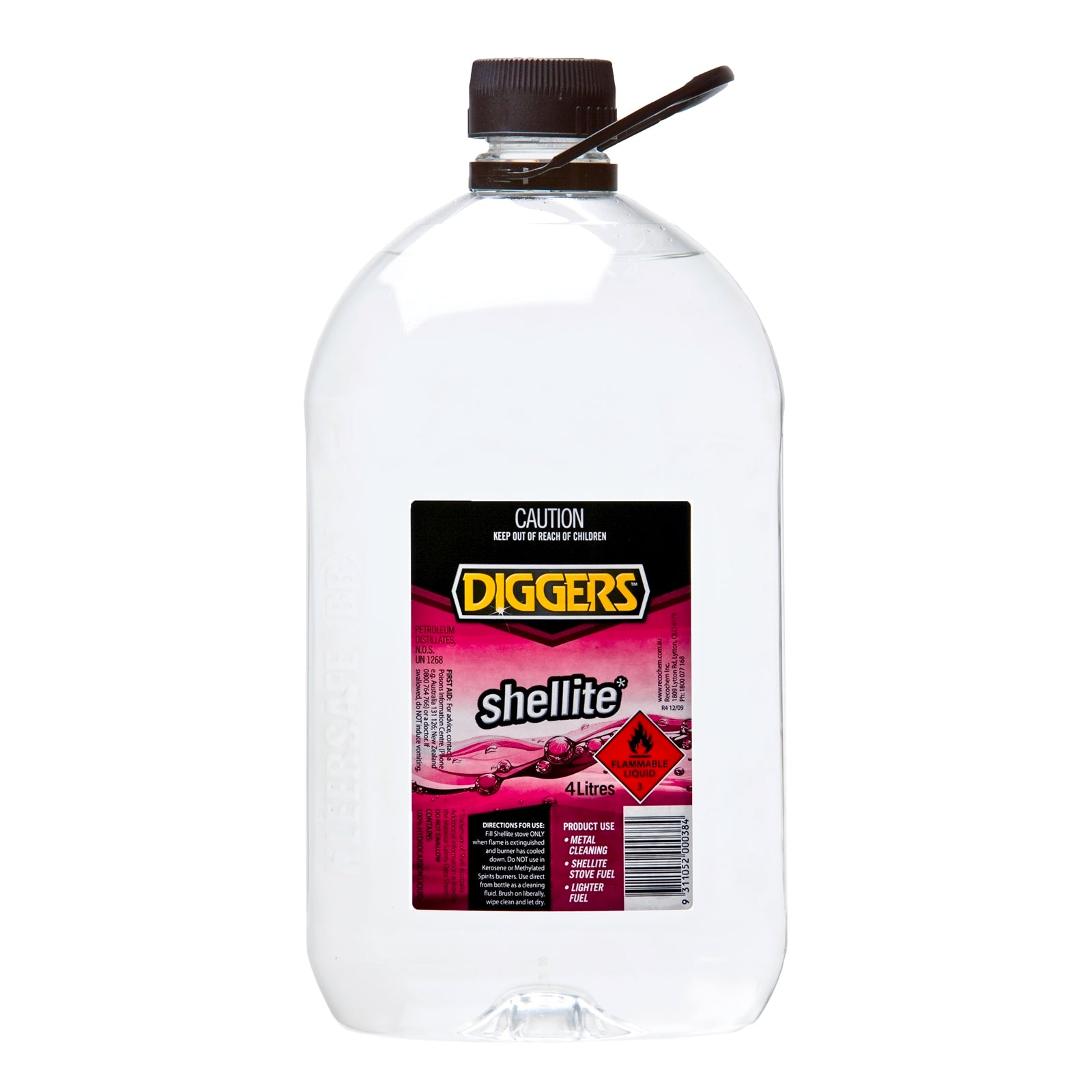 DIGGERS 4L Shellite Clear Liquid Solvent Low VOC for Cleaning & Lighter Fuel