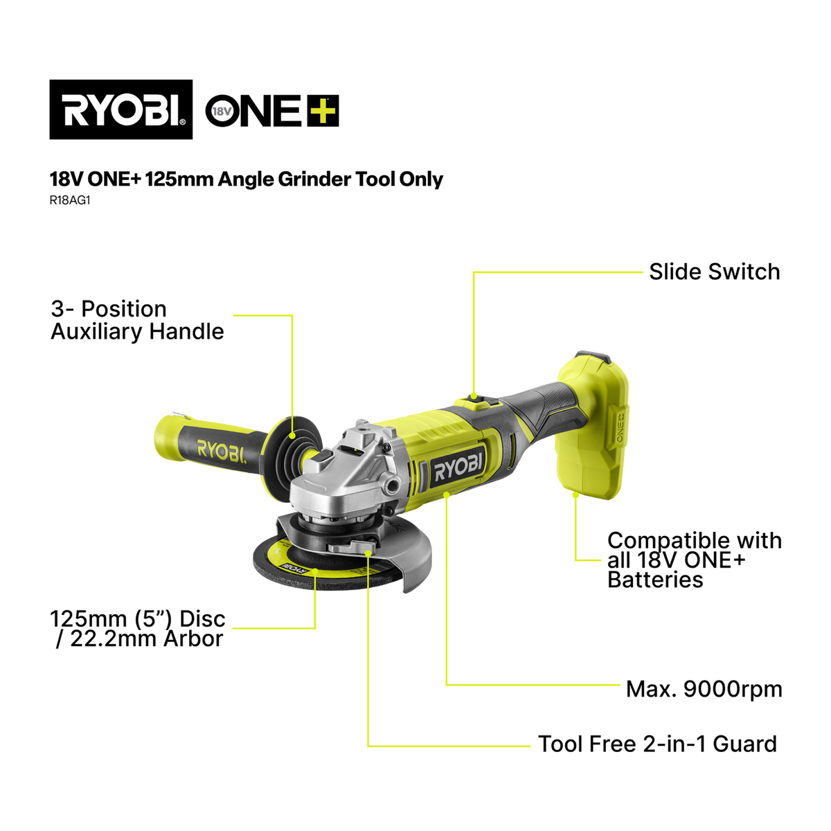 Ryobi ONE+ 18V 125mm 9000rpm Angle Grinder Cordless Tool Only R18AG1