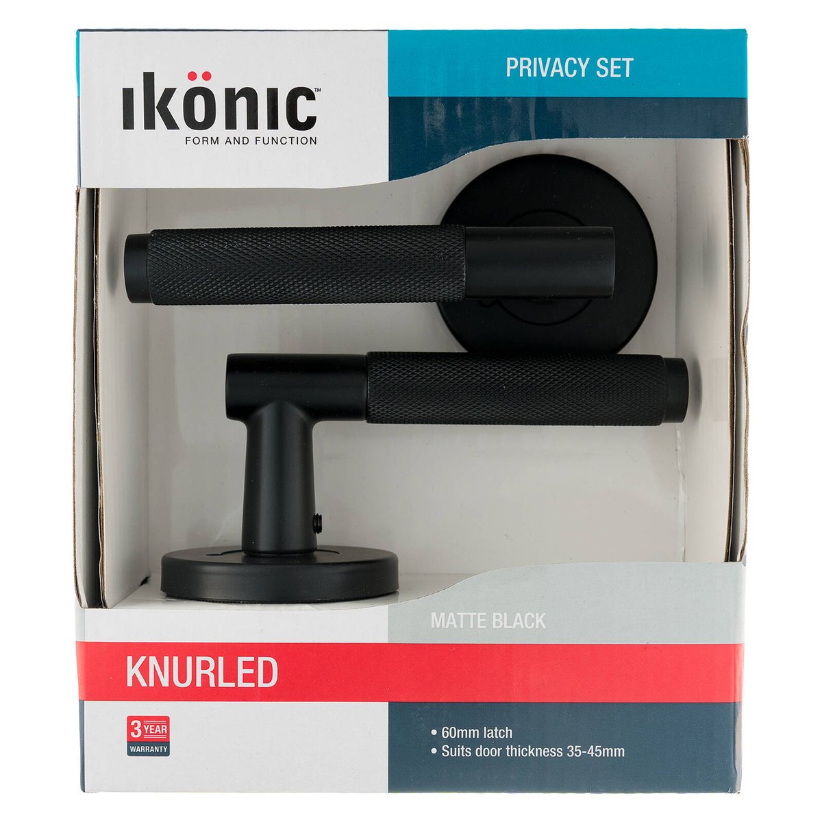 Ikonic Knurled Privacy Lever Set Matte Black, Zinc Construction, Snib Lock for Bathroom & Bedroom Doors