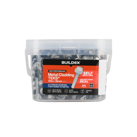 Buildex 10G x 16mm Class 4 Metal Cladding TEKS Screws with Seal, Hex Head - 500 Pack