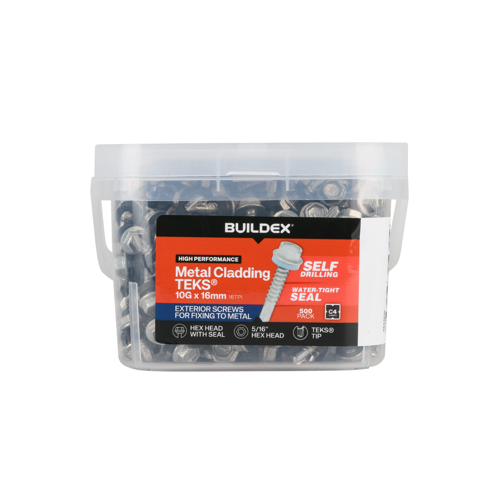 Buildex 10G x 16mm Class 4 Metal Cladding TEKS Screws with Seal, Hex Head - 500 Pack