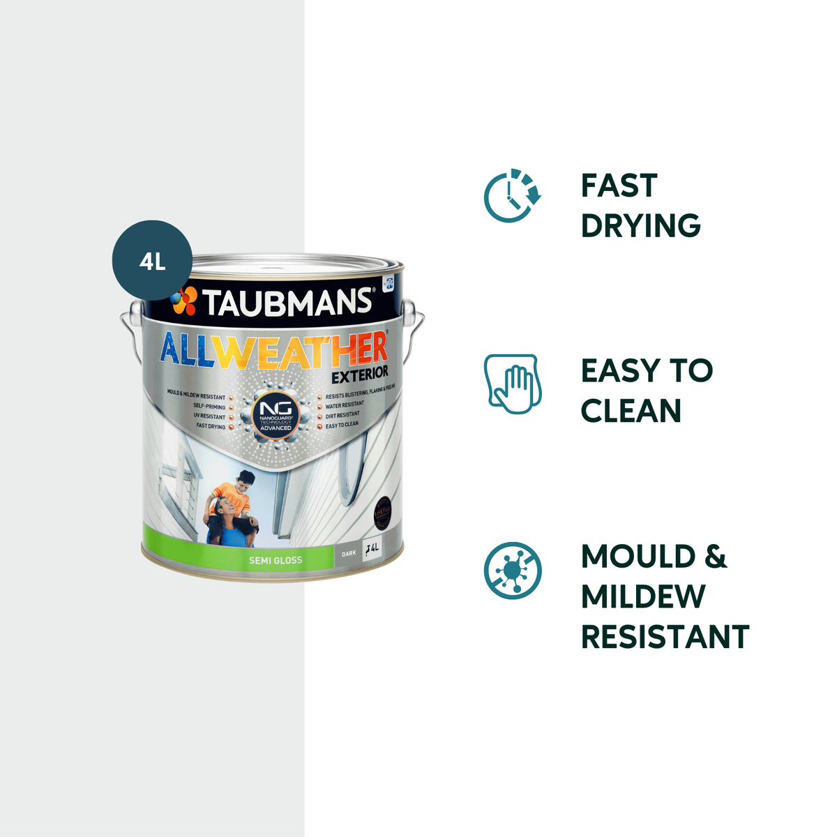 Taubmans 4L All Weather Exterior Paint - Dark Semi Gloss - Mould Resistant - SuperSaverAU - view 2