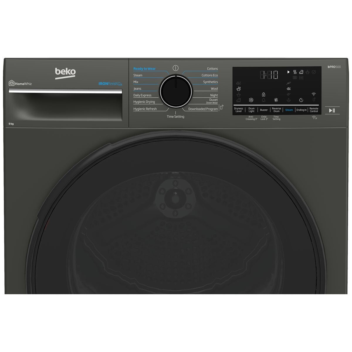 Beko 9kg Heat Pump Dryer - Graphite, Steam Care, Wi-Fi HomeWhiz Control, 9 Star Energy Rating - BDPB903SG